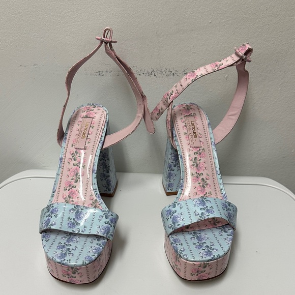 Larroude For Love Shack Fancy Floral Platform Pink and Blue Floral Heels - Picture 4 of 10
